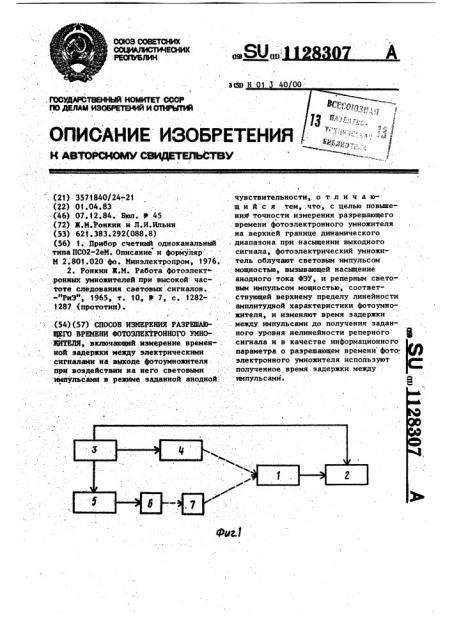 Способ измерения разрешающего времени фотоэлектронного умножителя (патент 1128307)