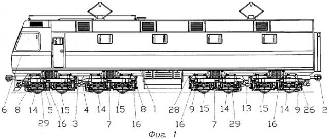 Железнодорожное тяговое транспортное средство с двухосными тележками (варианты) (патент 2308387)