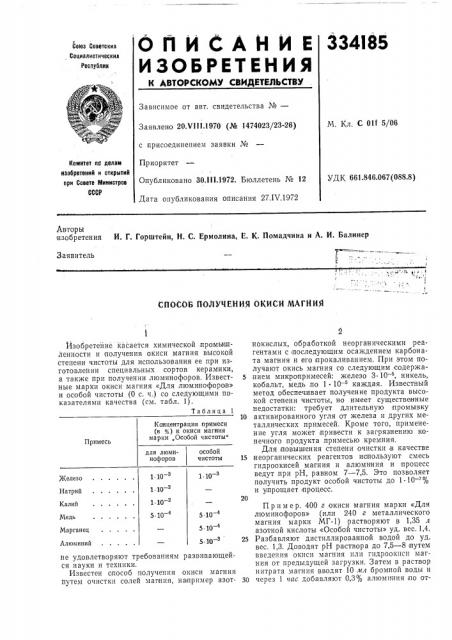 Способ получения окиси магния (патент 334185)