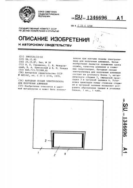 Катодная секция электролизера для получения алюминия (патент 1346696)