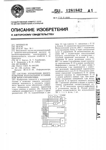 Система управления многокамерной холодильной установкой фруктохранилища (патент 1281842)