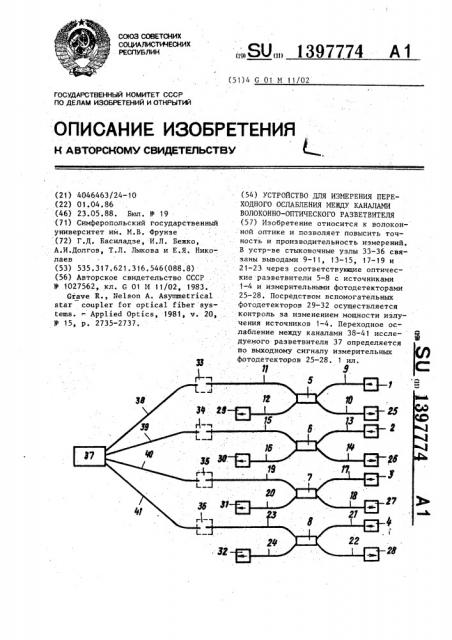 Устройство для измерения переходного ослабления между каналами волоконно-оптического разветвителя (патент 1397774)