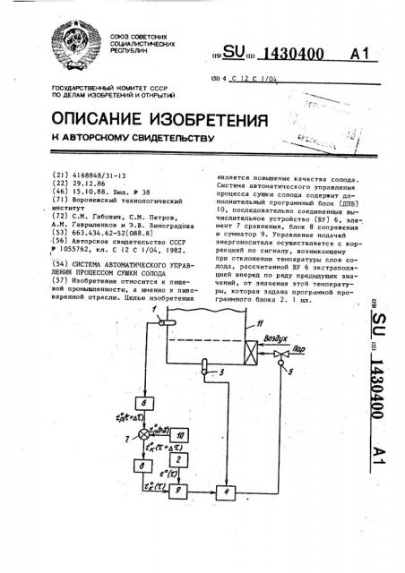 Система автоматического управления процессом сушки солода (патент 1430400)