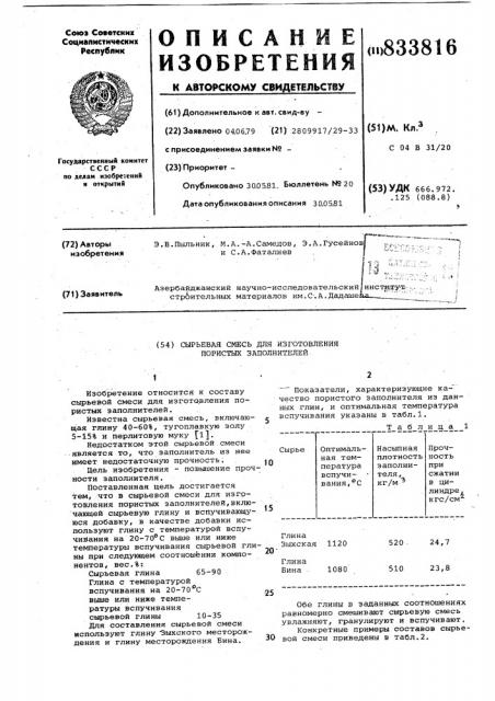 Сырьевая смесь для изготовленияпористых заполнителей (патент 833816)