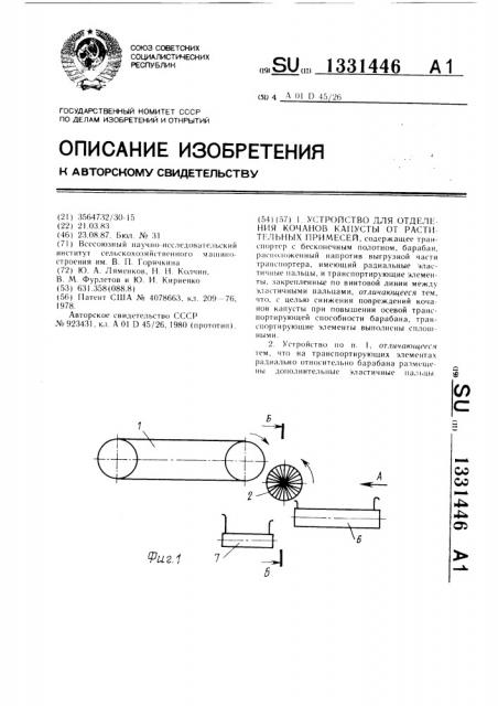 Устройство для отделения кочанов капусты от растительных примесей (патент 1331446)