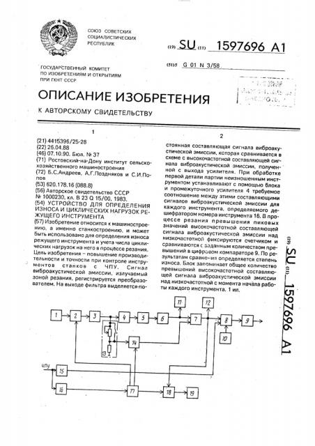 Устройство для определения износа и циклических нагрузок режущего инструмента (патент 1597696)