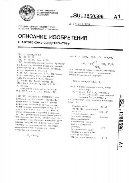 Электролит меднения (патент 1250596)
