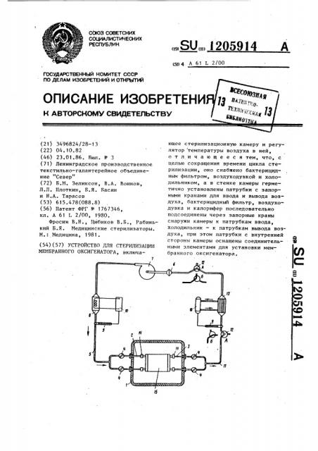 Устройство для стерилизации мембранного оксигенатора (патент 1205914)