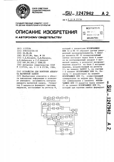 Устройство для контроля аппарата магнитной записи (патент 1247942)