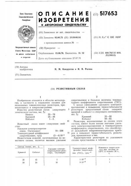 Резистивный сплав (патент 517653)