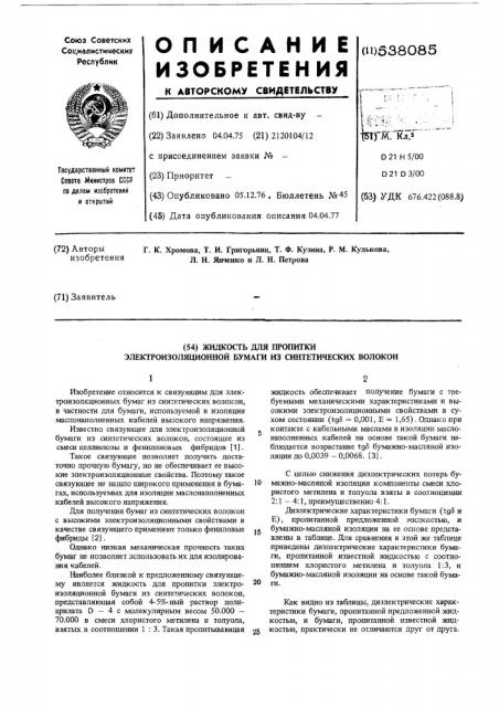 Жидкость для пропитки электроизоляционной бумаги из синтетических волокон (патент 538085)