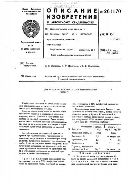 Волокнистая масса для изготовления бумаги (патент 261170)
