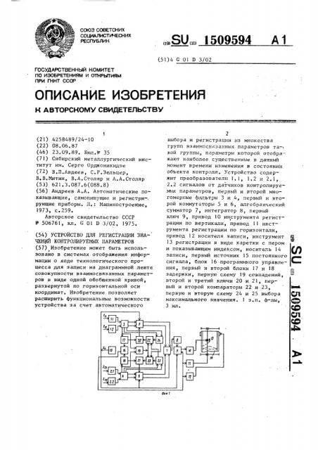 Устройство для регистрации значений контролируемых параметров (патент 1509594)