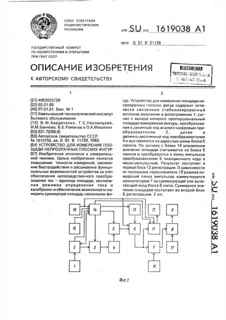 Устройство для измерения площади непрозрачных плоских фигур (патент 1619038)