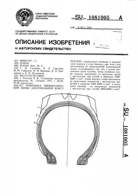 Покрышка пневматической шины диагональной конструкции (патент 1081005)