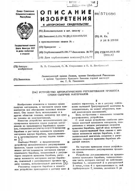 Устройство автоматического регулирования процесса сушки сыпучих материалов (патент 571686)