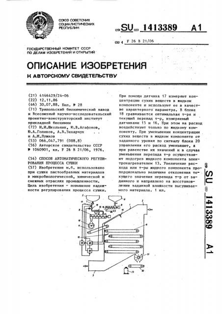 Способ автоматического регулирования процесса сушки (патент 1413389)