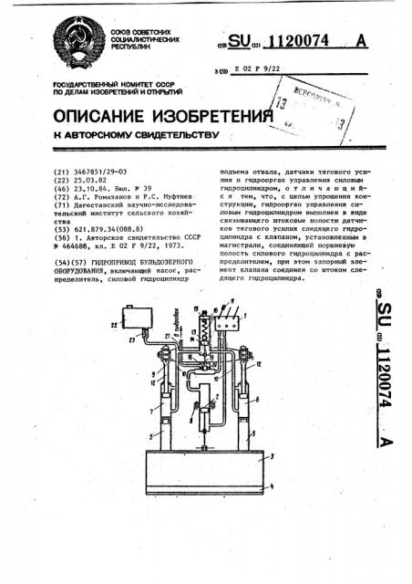 Гидропривод бульдозерного оборудования (патент 1120074)