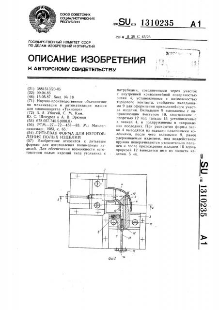 Литьевая форма для изготовления полимерных полых изделий (патент 1310235)