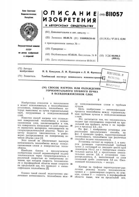 Способ нагрева или охлаждениягоризонтального трубного пучка впсевдоожиженном слое (патент 811057)