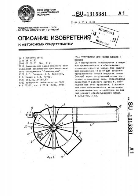 Устройство для мойки плодов и овощей (патент 1315381)