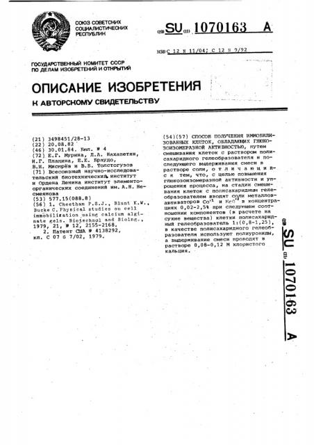 Способ получения иммобилизованных клеток,обладающих глюкозоизомеразной активностью (патент 1070163)