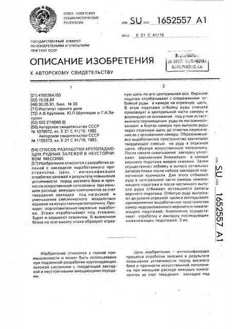 Способ разработки крутопадающих рудных залежей в неустойчивом массиве (патент 1652557)