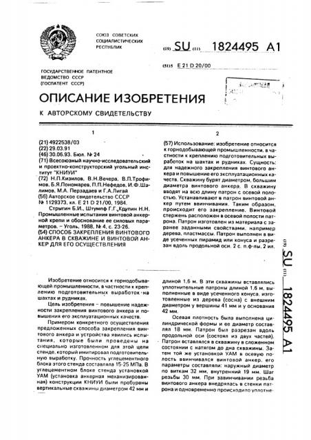 Способ закрепления винтового анкера в скважине и винтовой анкер для его осуществления (патент 1824495)