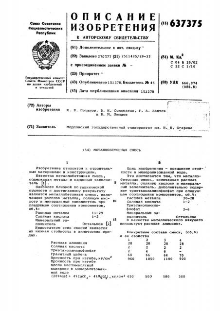 Металлобетонная смесь (патент 637375)