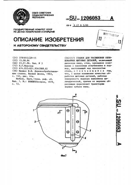 Станок для распиловки облицованных щитовых деталей (патент 1206083)
