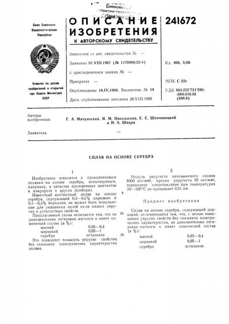 Сплав на основе серебра (патент 241672)