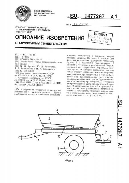Машина для внесения минеральных удобрений (патент 1477287)