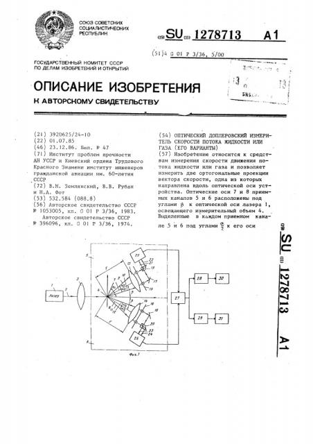 Оптический доплеровский измеритель скорости потока жидкости или газа (его варианты) (патент 1278713)