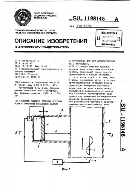 Способ гашения длинных морских волн в портовом подходном канале и устройство для его осуществления (его варианты) (патент 1198145)