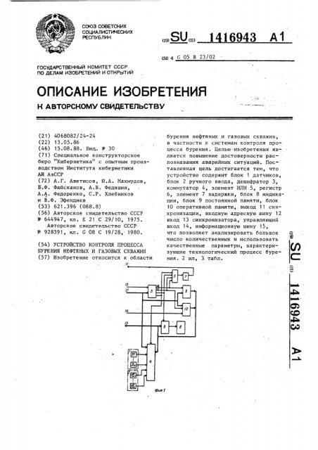 Устройство контроля процесса бурения нефтяных и газовых скважин (патент 1416943)