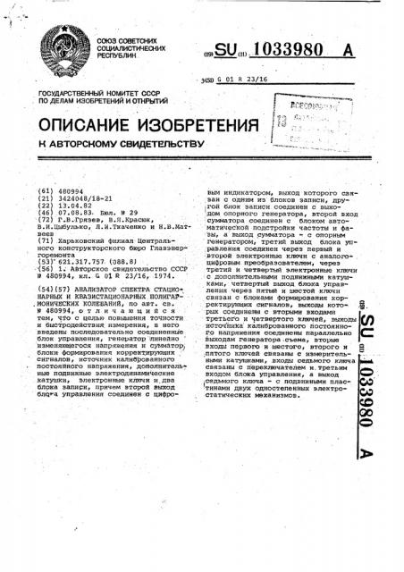 Анализатор спектра стационарных и квазистационарных полигармонических колебаний (патент 1033980)