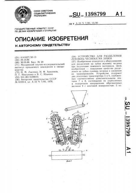 Устройство для разделения луковиц чеснока на зубки (патент 1398799)