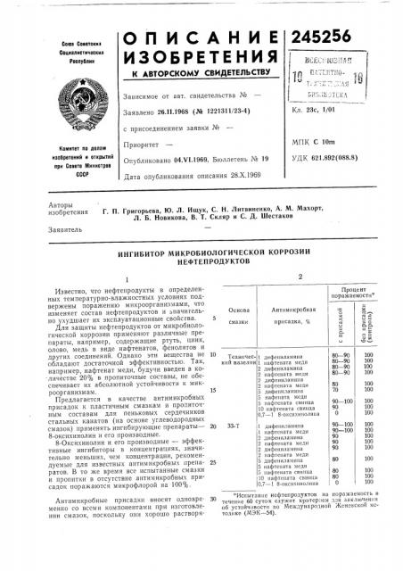 Ингибитор микробиологической коррозии нефтепродуктов (патент 245256)