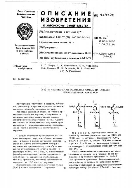 Вулканизуемая резиновая смесь на основе ненасыщенных каучуков (патент 448725)