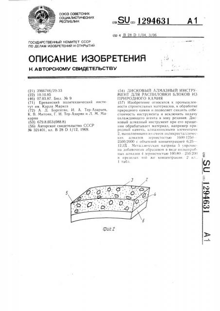 Дисковый алмазный инструмент для распиловки блоков из природного камня (патент 1294631)