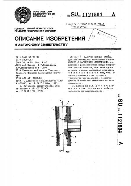 Рабочее колесо насоса для перекачивания абразивных гидросмесей с магнитными свойствами (патент 1121504)