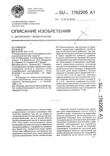 Способ контроля массовой доли нерастворимого остатка в калийных рудах (патент 1762205)