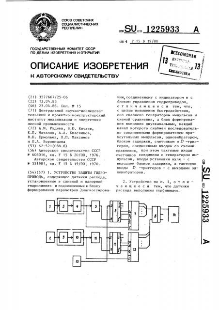 Устройство защиты гидропривода (патент 1225933)