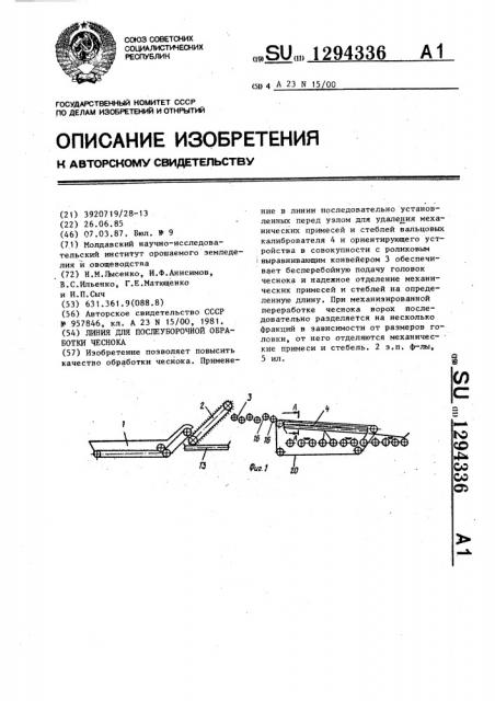 Линия для послеуборочной обработки чеснока (патент 1294336)