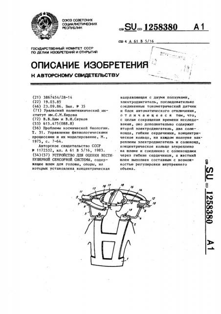 Устройство для оценки вестибулярной сенсорной системы (патент 1258380)