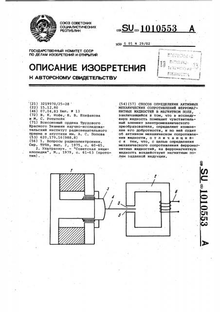 Способ определения активных механических сопротивлений ферромагнитных жидкостей в магнитном поле (патент 1010553)