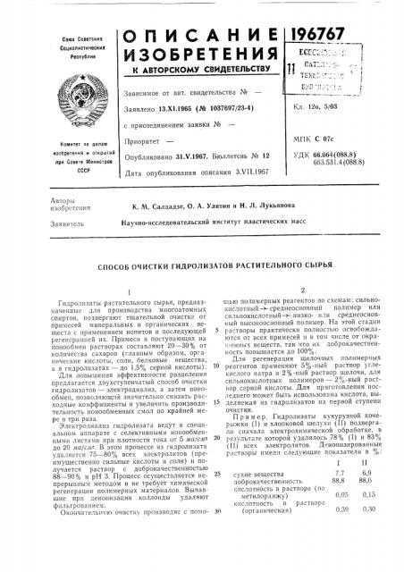 Способ очистки гидролизатов растительного сырья (патент 196767)