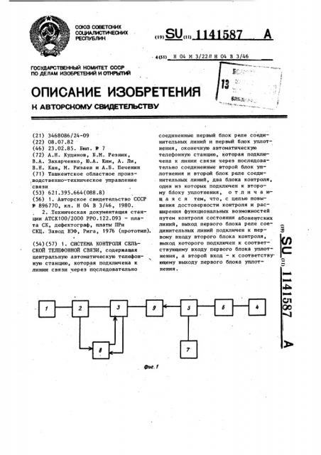 Система контроля сельской телефонной связи (патент 1141587)