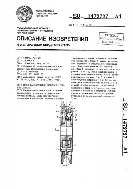 Шкив самонатяжной передачи гибкой связью (патент 1472727)