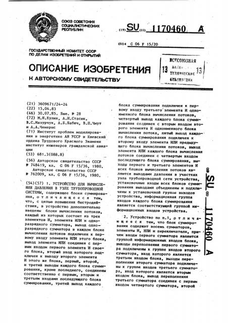 Устройство для вычисления давления в узле трубопроводной системы (патент 1170460)